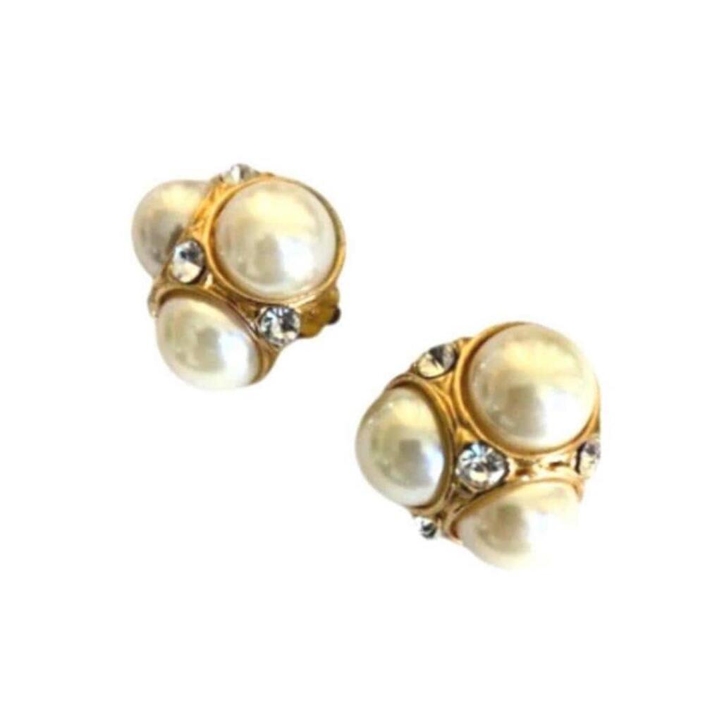 Vintage Statement Gold Tone Faux Pearl Rhinestone Cluster Clip-On Earrings